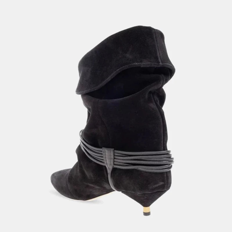 Vintage Stiletto Low Heel Boots Women's Fashion Brand Pleated Ankle Boots Brown Pointed High-end Texture New Cowboy Boots Shoes