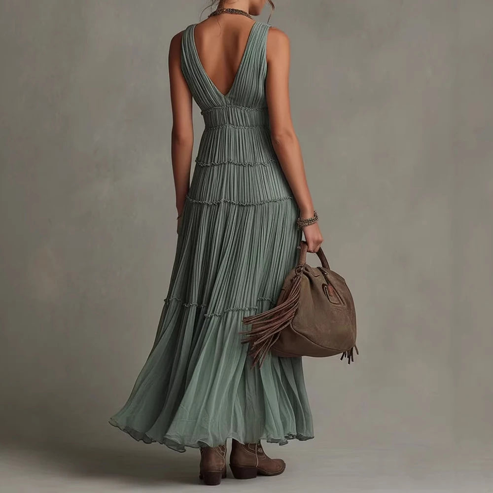 Elegant Boho Tiered V Neck Flowy Maxi Dress for Women