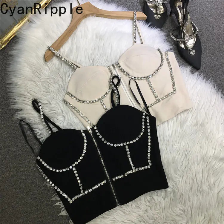 Fashion New Spring Summer Thin Shoulder Strap Camisole Hot Girl Diamonds Sexy Breast Pad Tube Top High Waist Zip Crop Tanks Tops