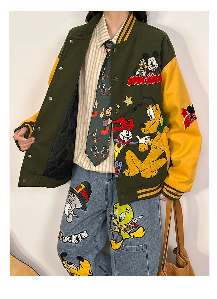 American Retro Cartoon Embroidery Thickened Cotton Baseball Jacket for Women Loose Cotton Coat for Autumn and Winter 2025 New