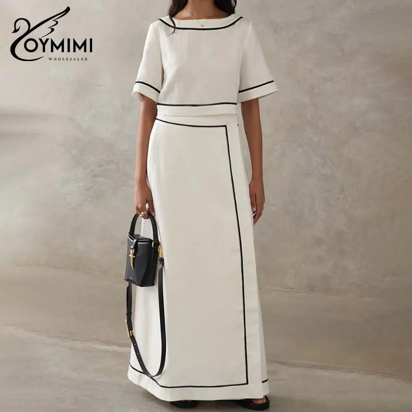 Oymimi Fashion White Cotton Two Piece Outfits Woman Elegant O-Neck Patchwork Short Sleeve Open Back Tops And Straight Skirts Set