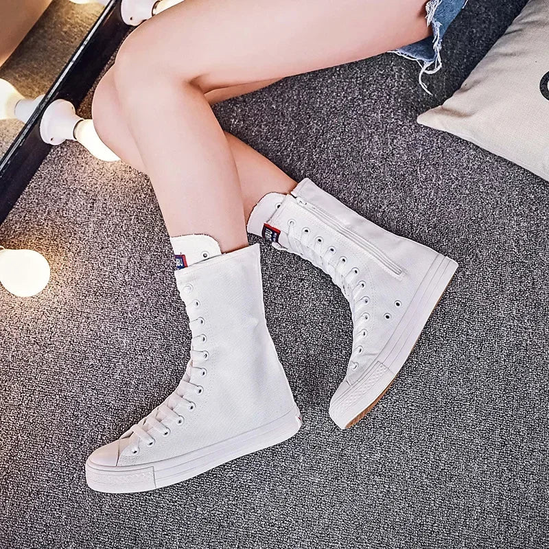Casual Lace-Up Canvas Mid-Calf Flat Boots for Women