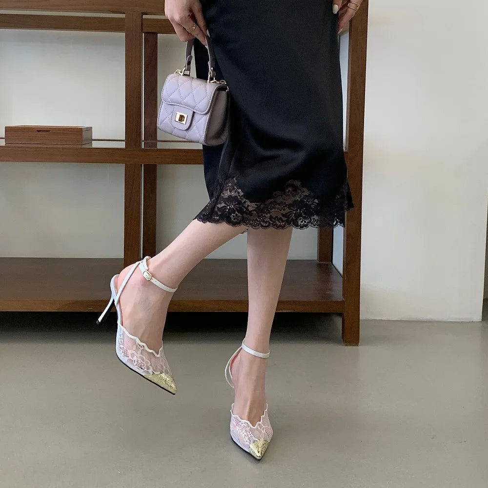Elegant White Lace Slingback Stiletto Heels for Women