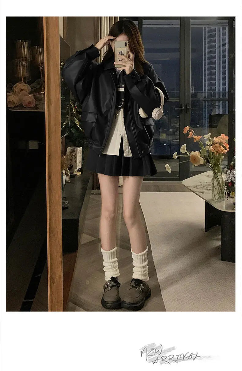 Short American Retro PU Leather Baseball Jacket for Women