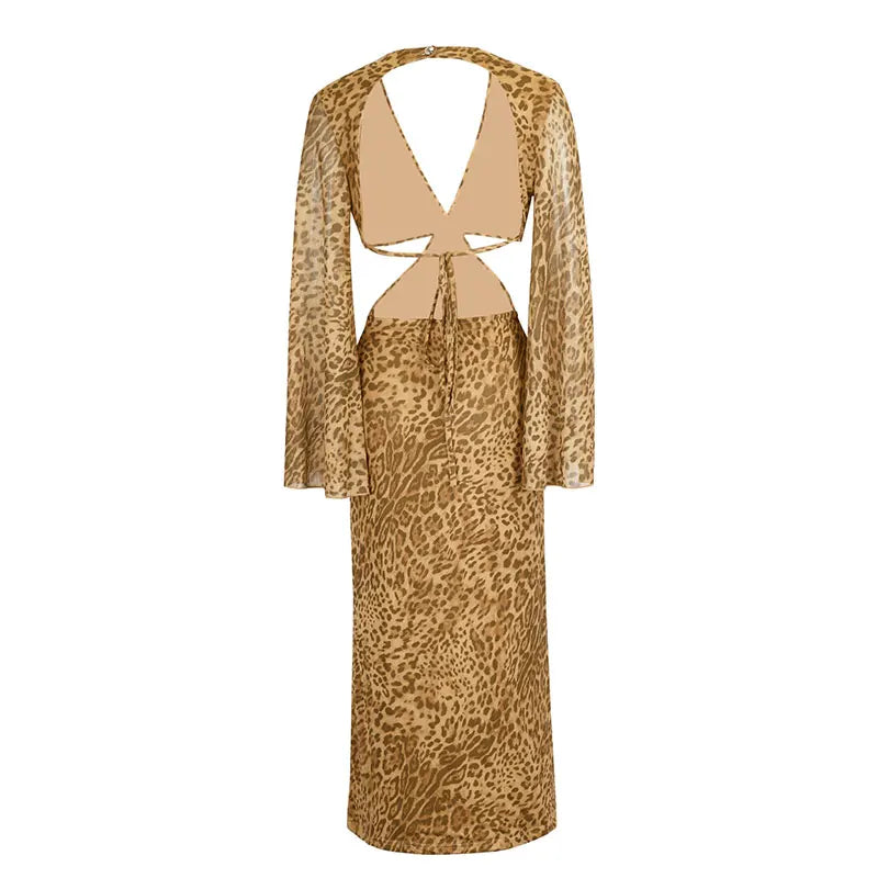 Autumn New Women's Dresses Fashion Leopard Print Casual Slim Long Sleeves Dress Sexy Hollow Out Backless V-neck Dresses Clothing