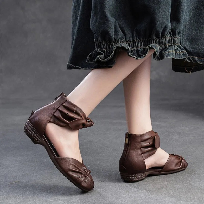 Genuine Leather Breathable Low Heel Peep Toe Sandals for Women