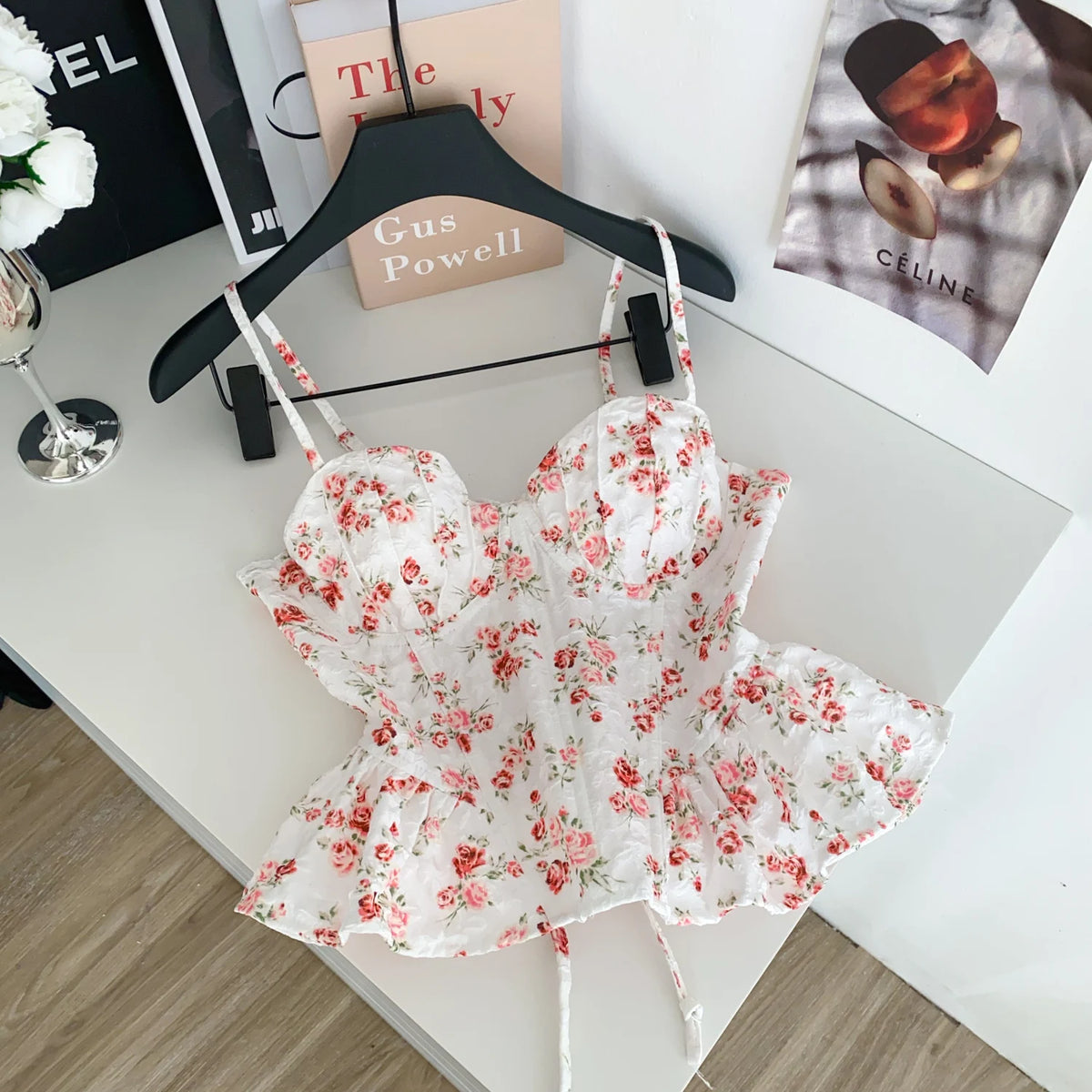 French Corset Print Ruffle Strap Tank Top for Women