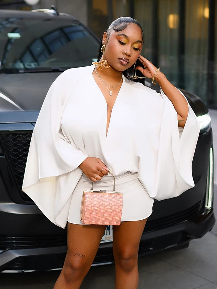 Chic Satin V Neck Bat Sleeve Elegant Mini Dress for Women