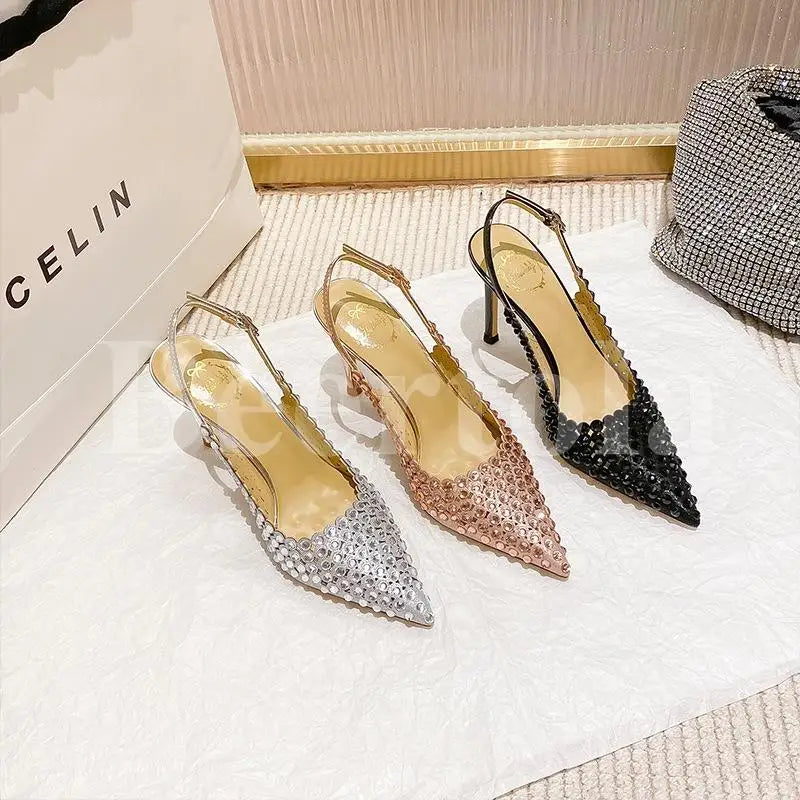 New Rhinestones Woman Sandals Diamond Pointed Toe Shallow Thin High Heels Back Strap Stilettos Female Wedding Bride Sandals