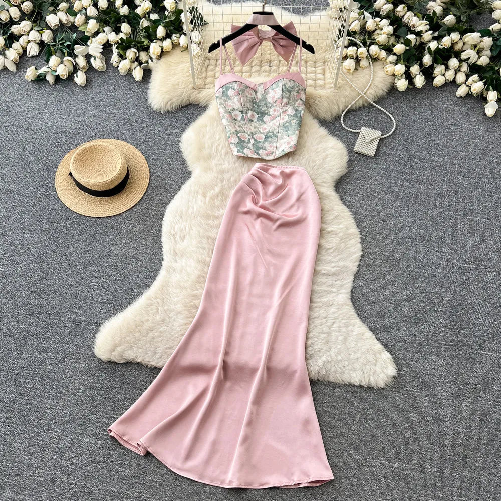 Bow Floral Satin Cami And Mermaid Skirt Set for Women