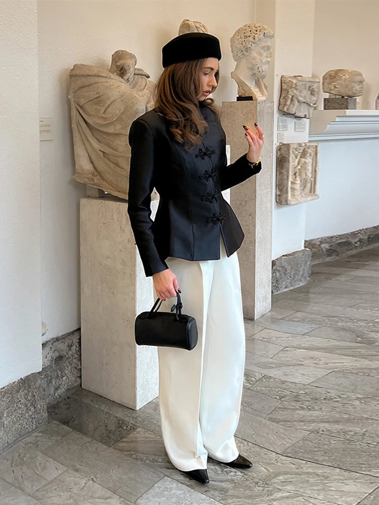 Elegant Satin Frog Button Standup Collar Jacket for Women