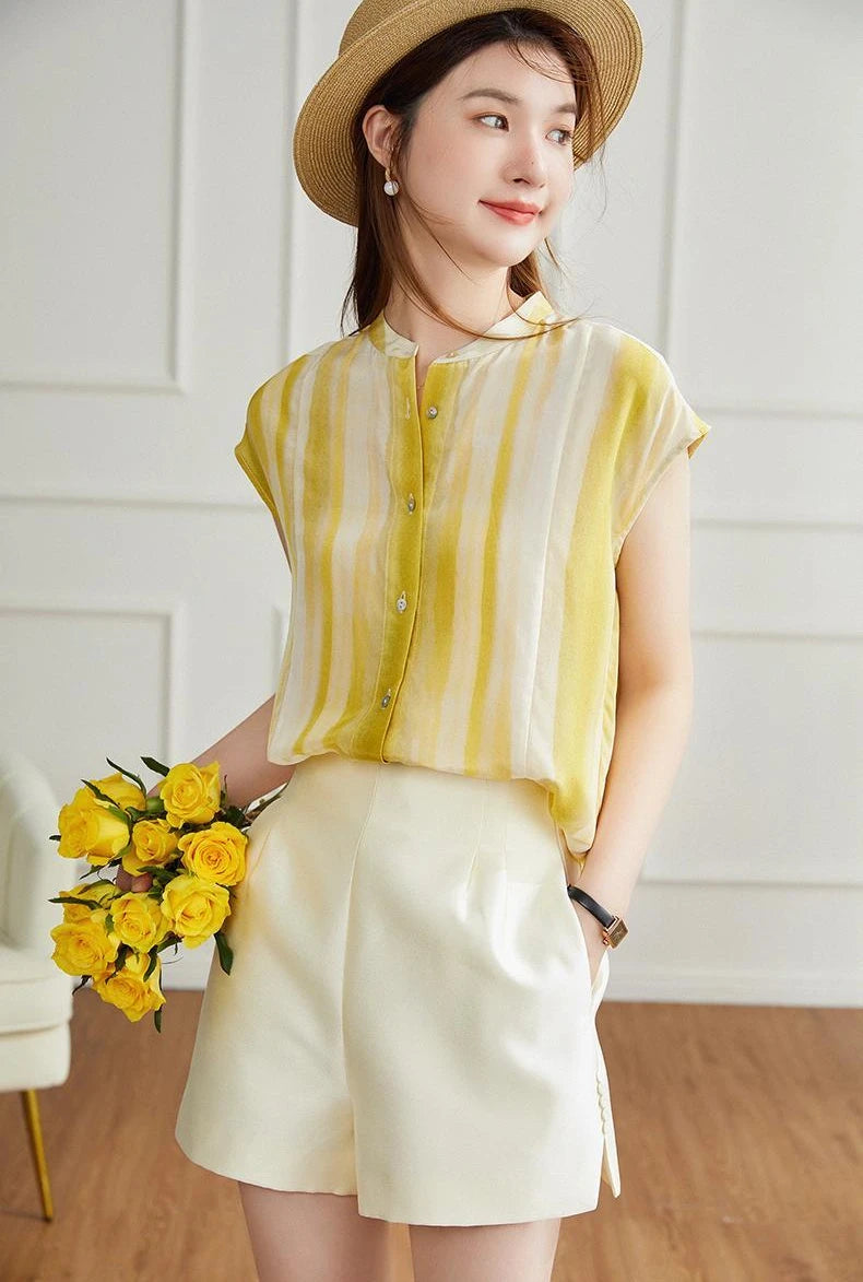 Women's Shirt and Blouse Chiffon Yellow Sleeveless Striped Female Tops Loose Summer Button Up Y2k Fashion Sale of Pretty Xl M
