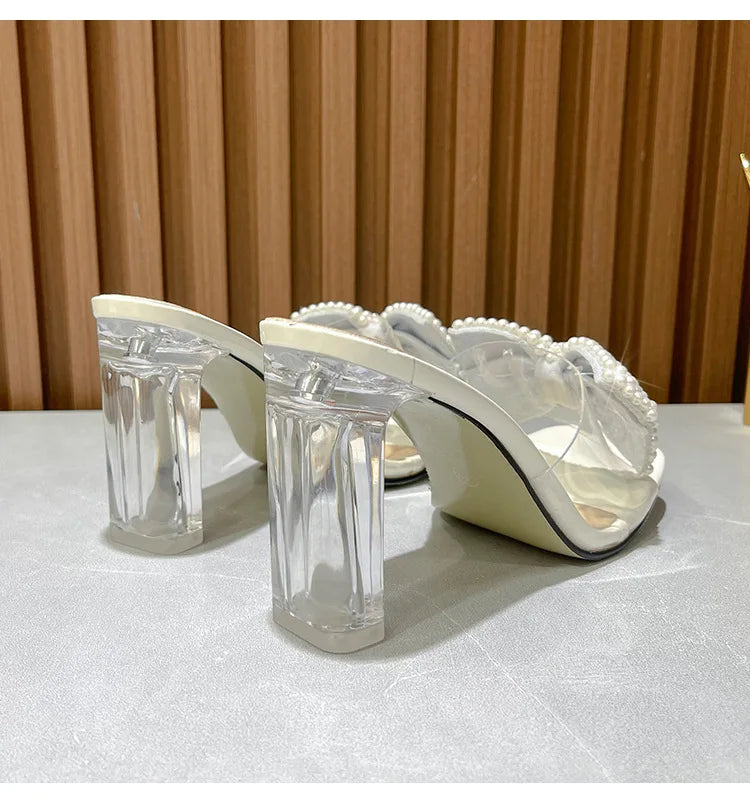 Pink Pearl Bow Design Clear Crystal High Heels for Women