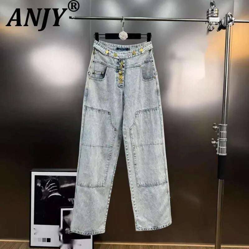 ANJY Autumn New Women's Streetwear Y2K Chic Fashion Safari Style Niche Personality Spliced Button Jeans Casual Denim Pants A7689