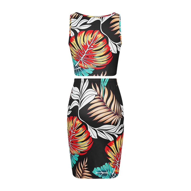 Print Slim Sleeveless Cropped Top Midi Two-Piece Set for Women