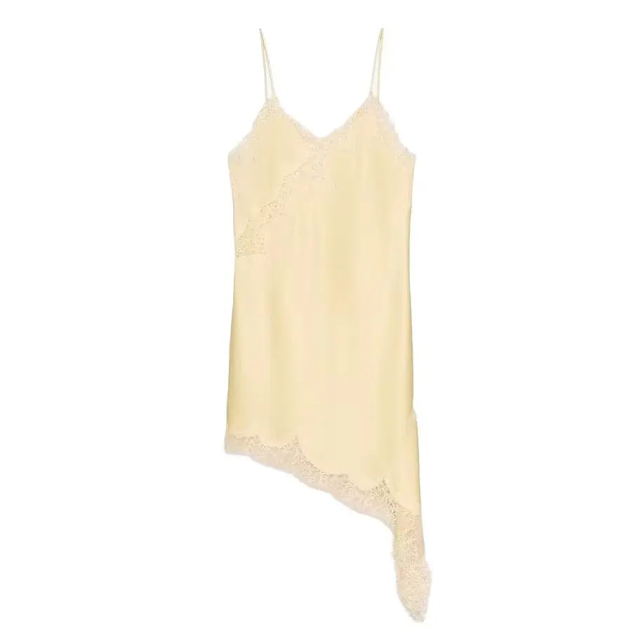 Brown Satin Lace Splicing Sling Dress Women Elegant Irregular Hem V Neck Backless Sleeveless Gown Chic Women Party Club Vestidos