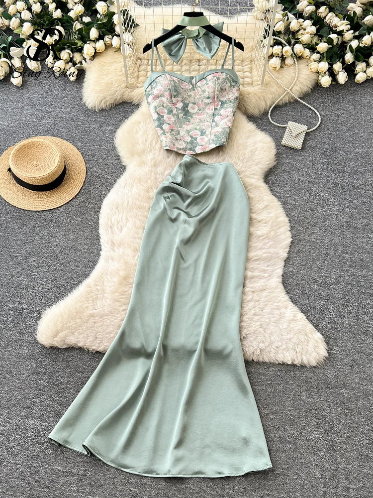 Bow Floral Satin Cami And Mermaid Skirt Set for Women