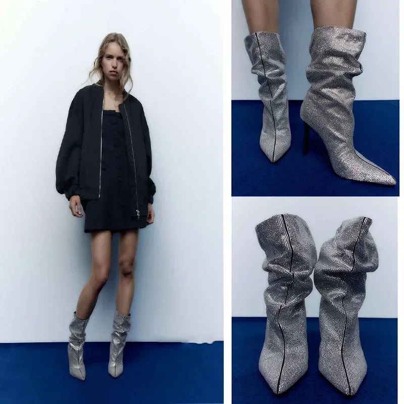 Rhinestone Embellished Pointed Toe Stiletto Boots For Women