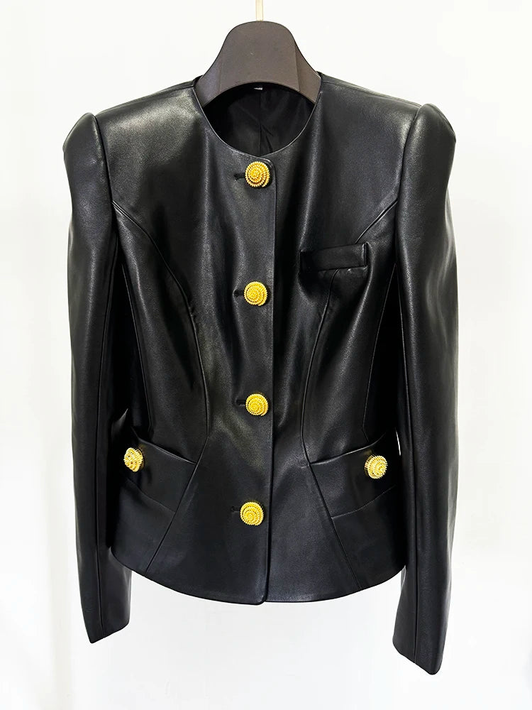 HIGH STREET Newest 2025 Designer Jacket Women's Slim Fitting Snail Button Artificial Leather Blazer