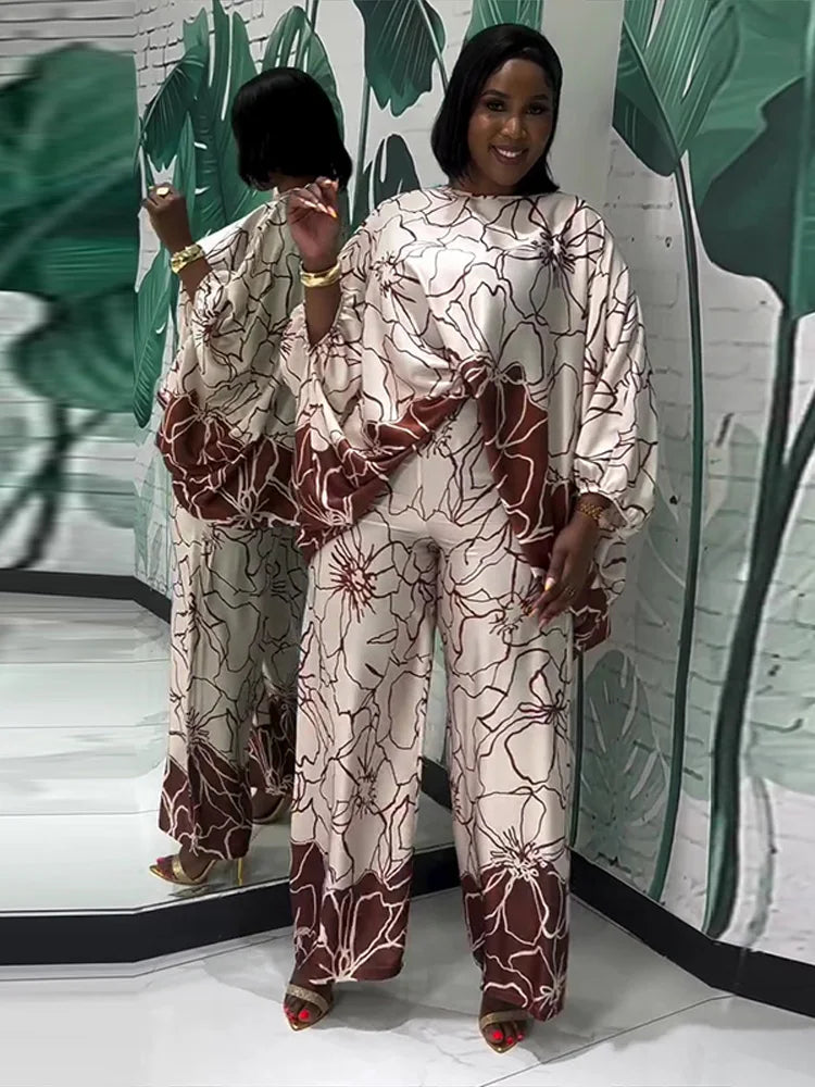Floral Print Satin Lantern Sleeve Two Piece Set for Women