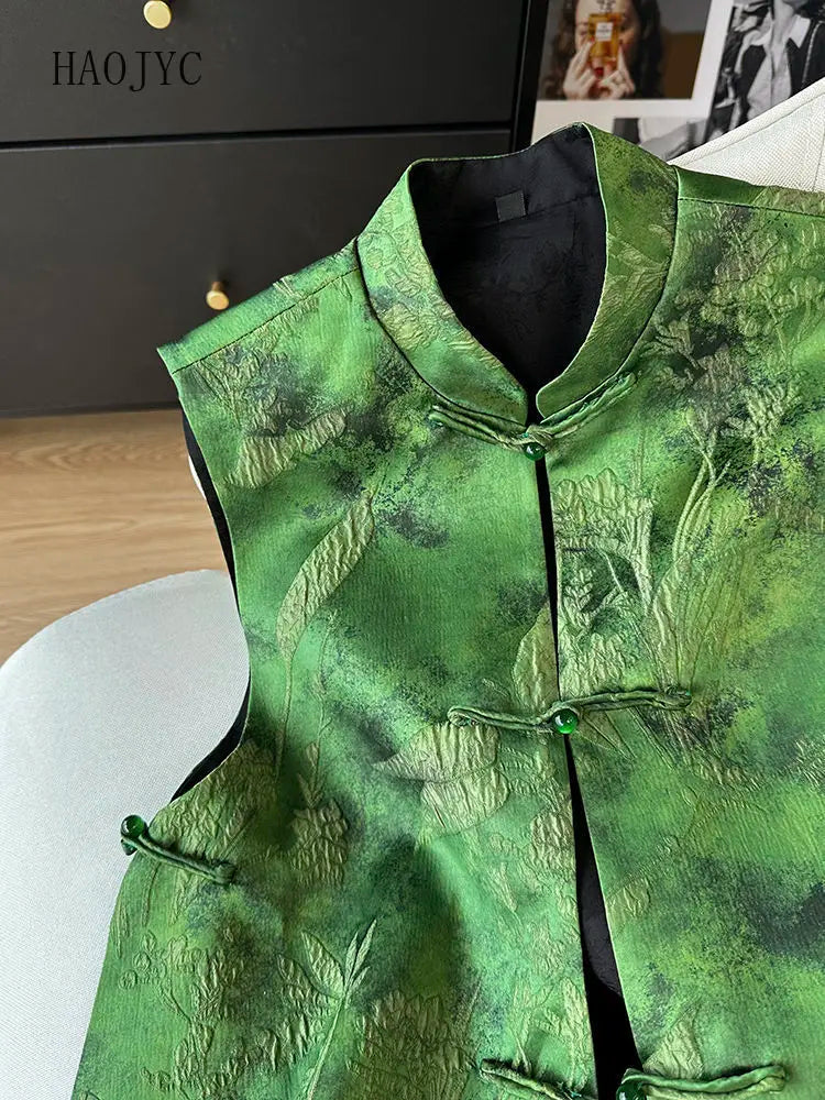 Green Chinese Style Embroidered Vest With Buckle for Women