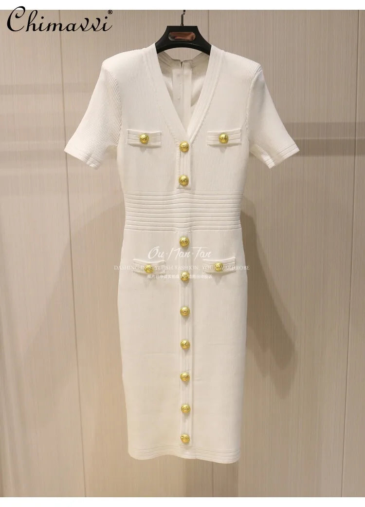 2026 Summer Fashion V-neck Metallic Buckle Knit Bodycon Midi Dress Women's Commute Slim Fit Elegant Short Sleeve Dresses