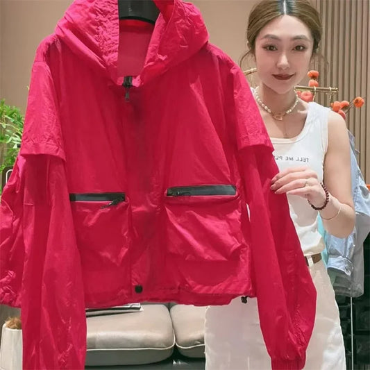 Spring and Autumn Lightweight Sunscreen Clothes for Women's Outdoor Wear 2025 White Hooded Loose Casual Summer Jacket Pink Orang