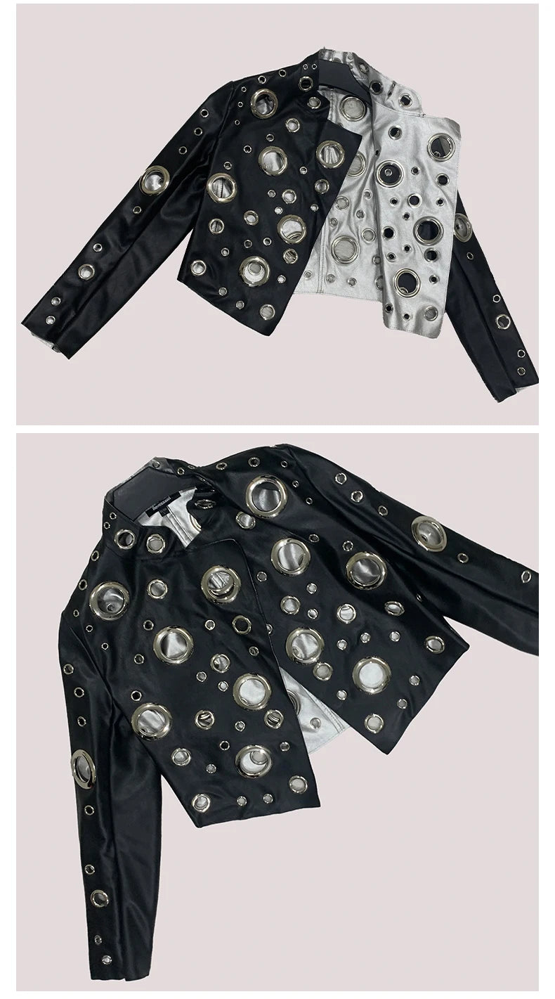 Sequin Hollow Out Patchwork Faux Leather Jacket For Women