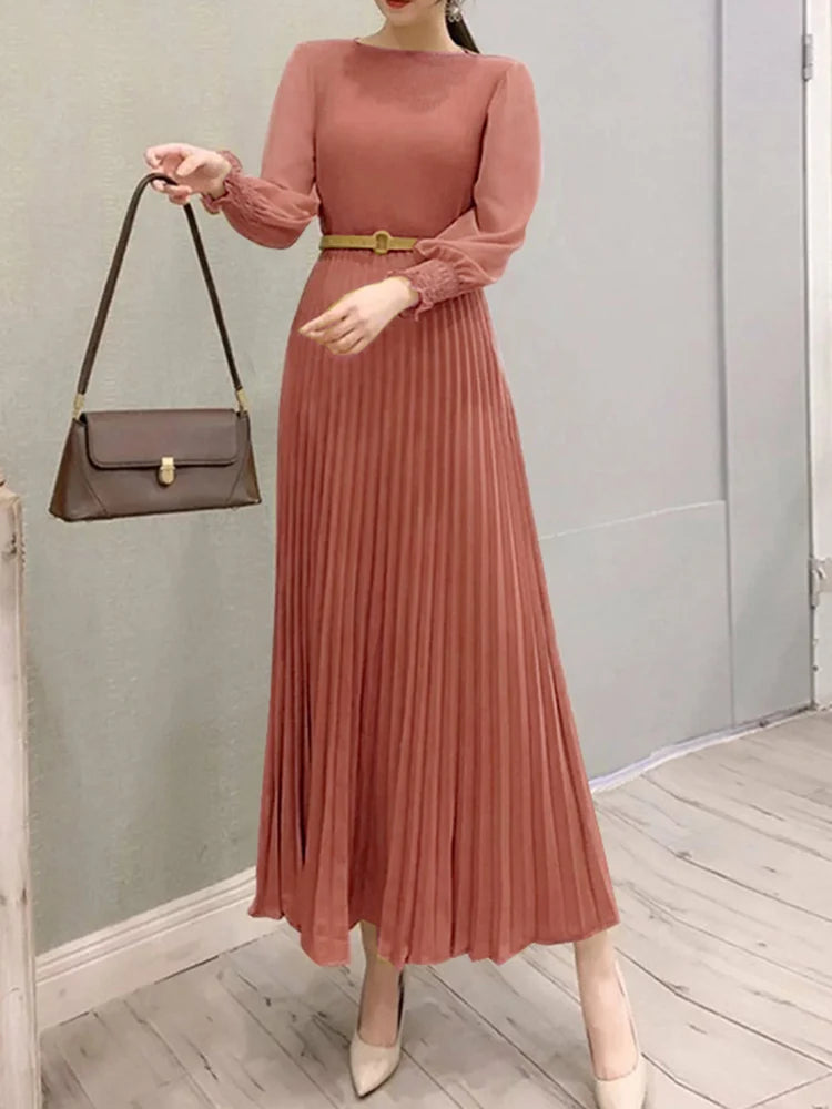 Pleated Lantern Sleeve Maxi Dress
