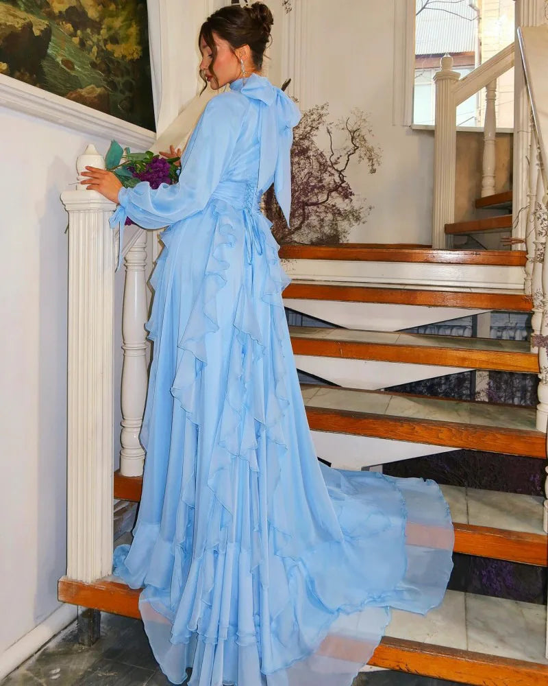 Light Blue Solid Color Long Lantern Sleeve Floor Length Dress for Women