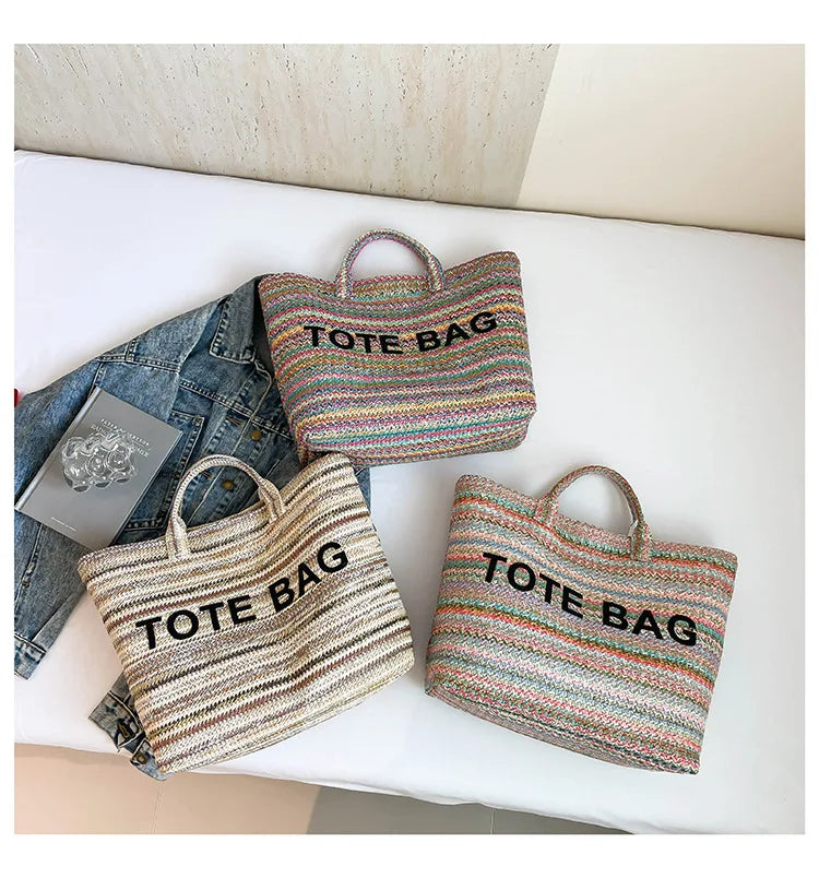 Large capacity beach woven bag, colorful striped tote bag, letter contrasting handbag for women