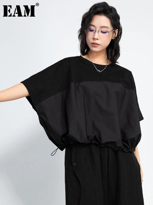 [EAM] Women Black Drawstring Big Size Casual T-shirt New Round Neck Short Batwing Sleeve Fashion Tide Spring Summer 2025 1DJ1031