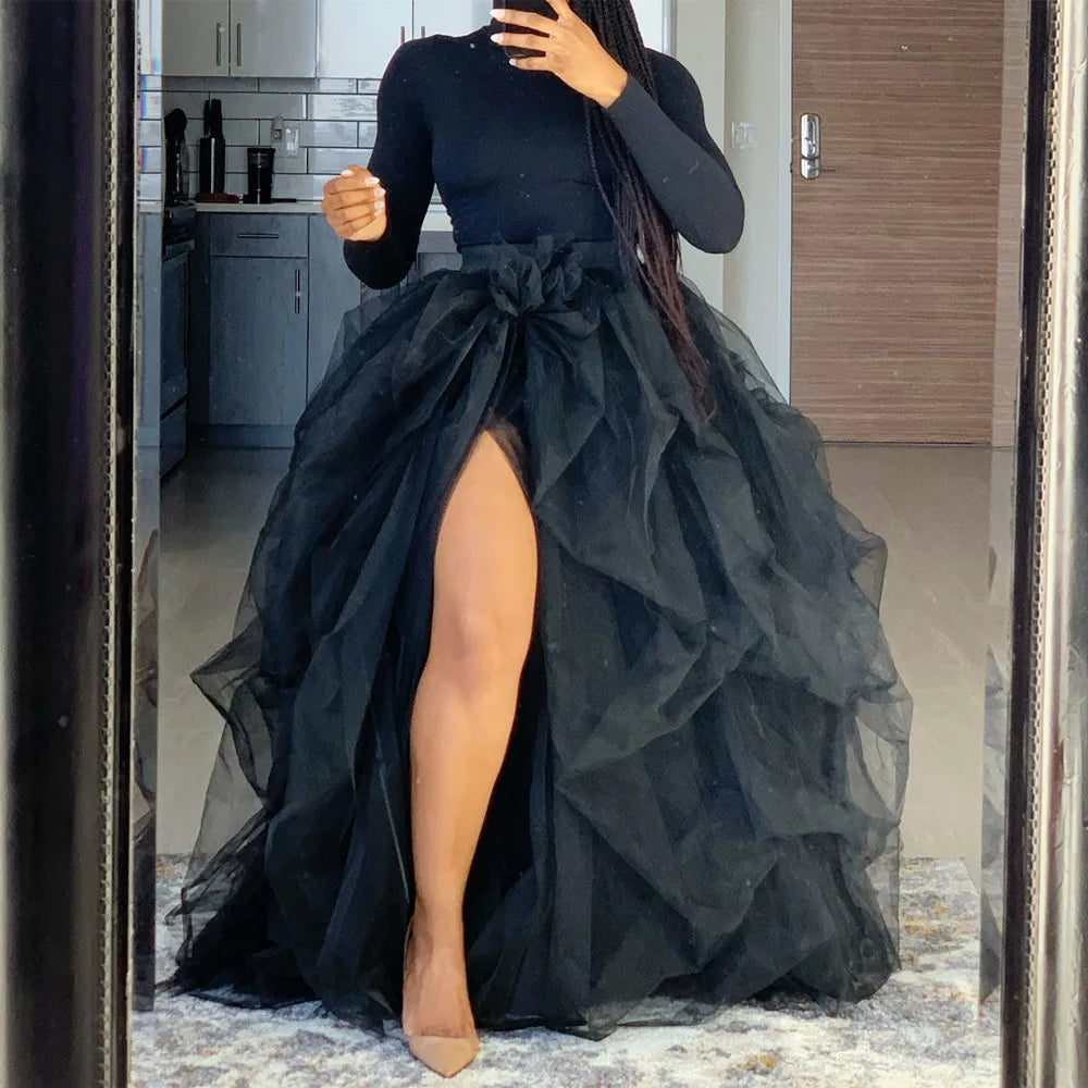 Elegant Layered Tulle Tutu Skirt With High Waist Slit for Women