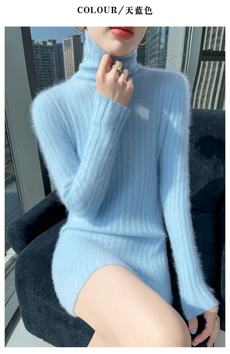 High Neck Slim Fit Stretch Knit Mini Dress for Women