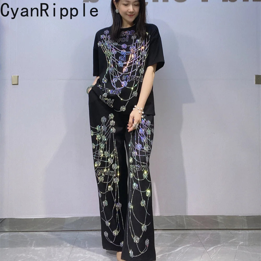 Elegant Lady Summer Two-piece Set Luxury Space Cotton Hot Diamonds Loose Short Sleeve T-shirt Top + Elastic Waist Wide Leg Pants