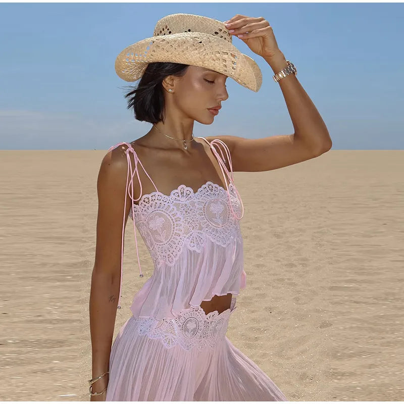 Elegant Hollow Out Lace Two Piece Summer Outfit For Women