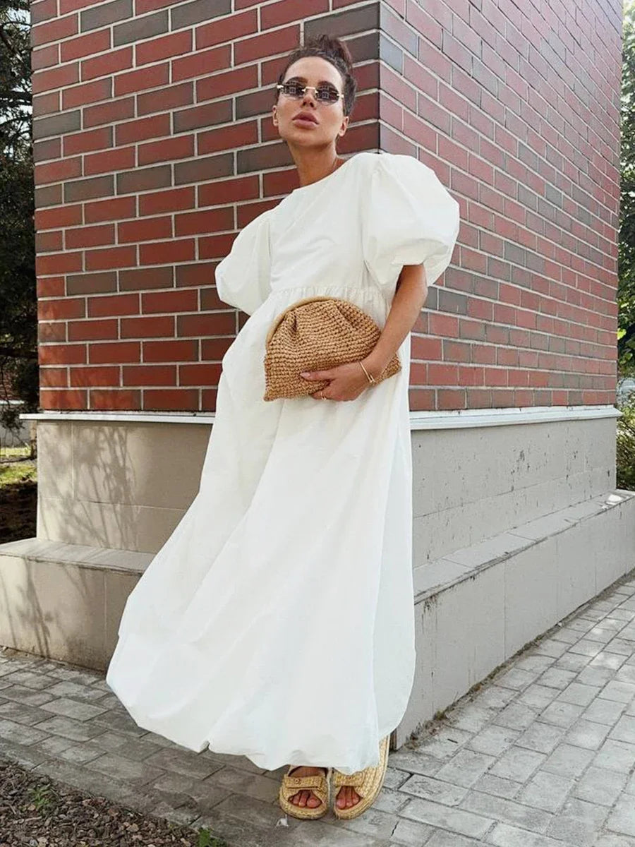 Oversized Cotton Bubble Sleeve Long Dress for Women