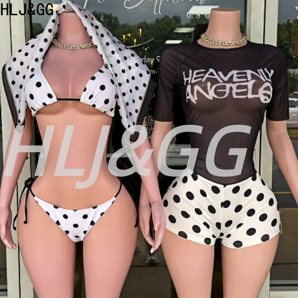 Mesh Letter Print See Through Polka Dot Two Piece Set for Women