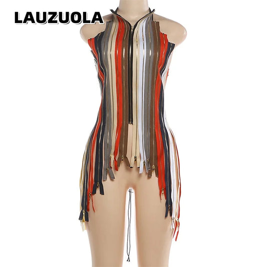 Multicolor Fringe Zipper Halter Top