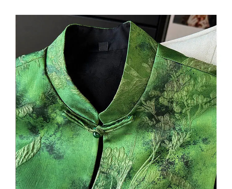 Green Chinese Style Embroidered Vest With Buckle for Women