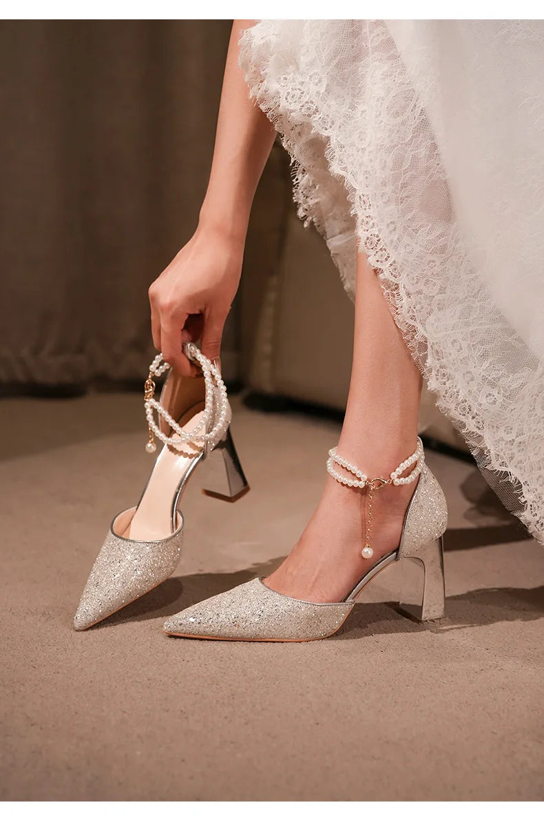 Pearl Embellished High Heel Ankle Strap Sandals for Women