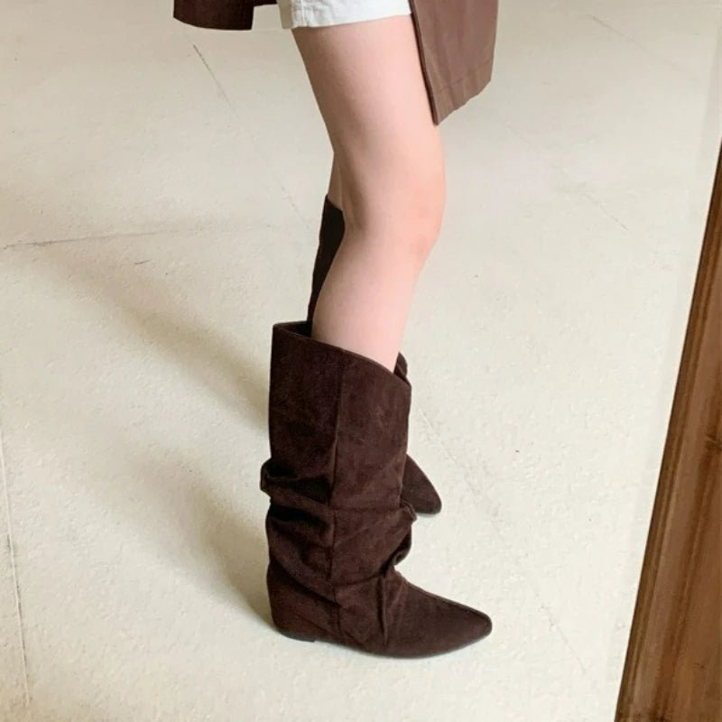 Pleated Pointed Toe Mid Calf Western Boots for Women