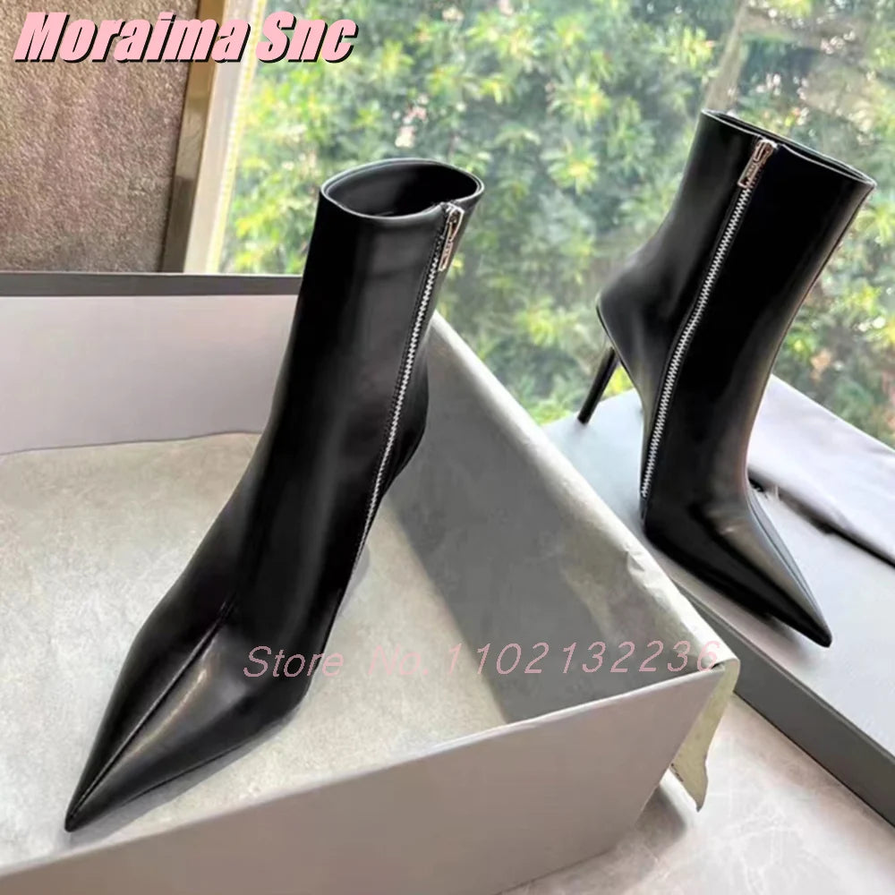 Black Pointed Toe Stiletto Heel Side Zipper Ankle Boots For Women