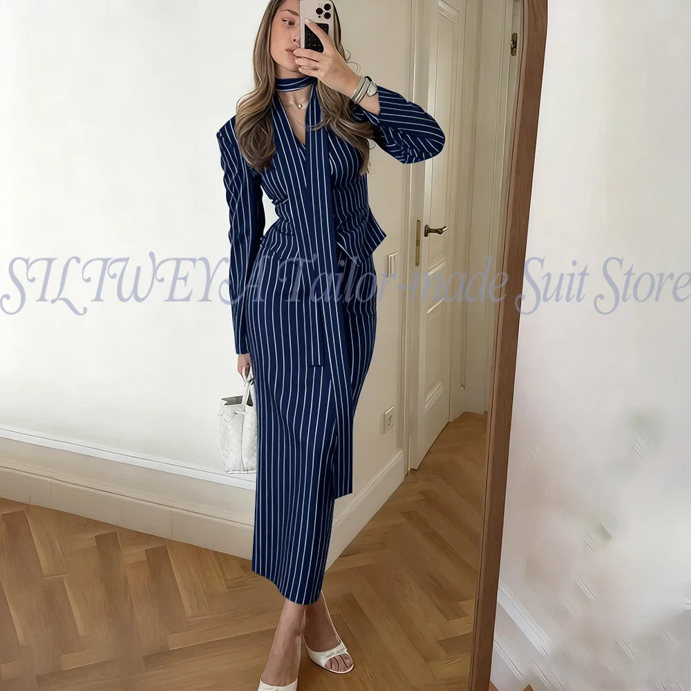 Single Breasted Blue Striped Blazer Skirt Set for Women
