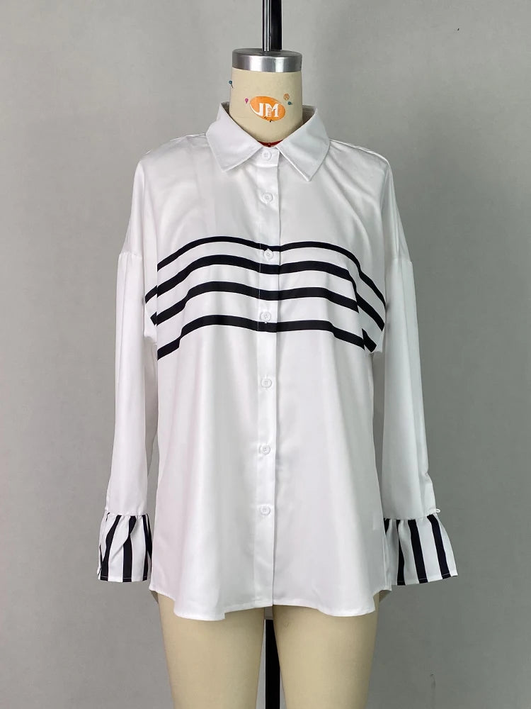 Lemongor Women's Lapel Shirts 2025 New Spring Fashion Striped Contrast Color Buttoned Flared Sleeves Loose Urban Casual Blouses