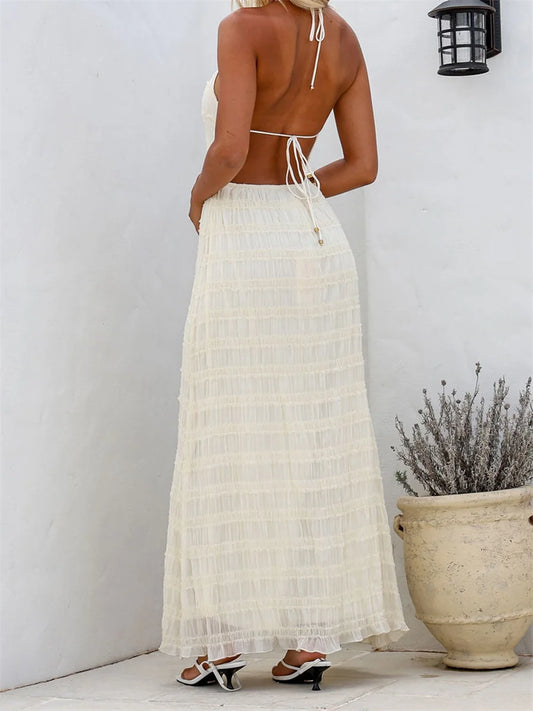 Women's Halter Neck Long Dress Frill Layered Solid Dress Drawstring Belted Sleeveless Dress