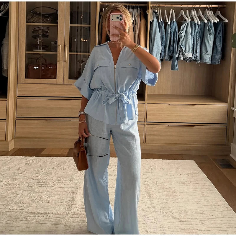 Casual Solid Chic Coat And Wide Leg Trouser Set for Women