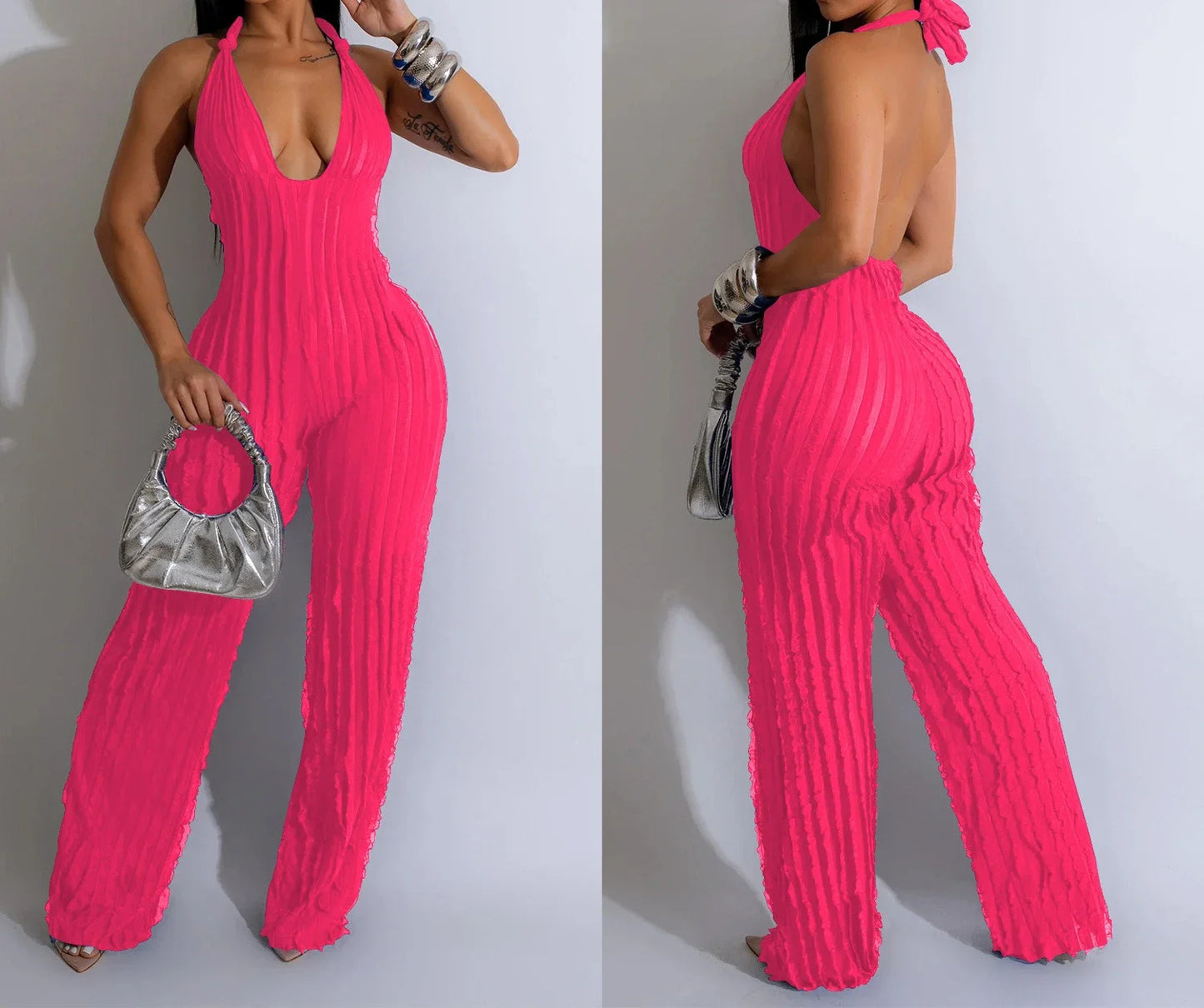 Elegant Jumpsuit for Women Streetwear Fashion Solid Backless Deep V-neck Sleeveless Conjoined Body Pants Y2k Summer 2025 New