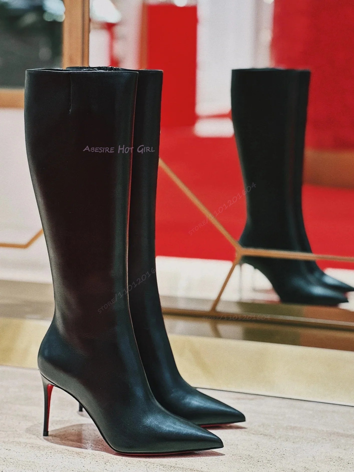 Black Matte Leather Over Knee Stiletto Boots For Women