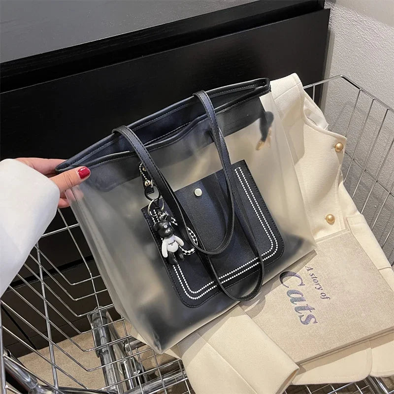 Transparent Jelly Zipper Tote Bag Large Capacity High-quality Texture Handbag Fashionable Luxury Ladies Commuter Shoulder Bag